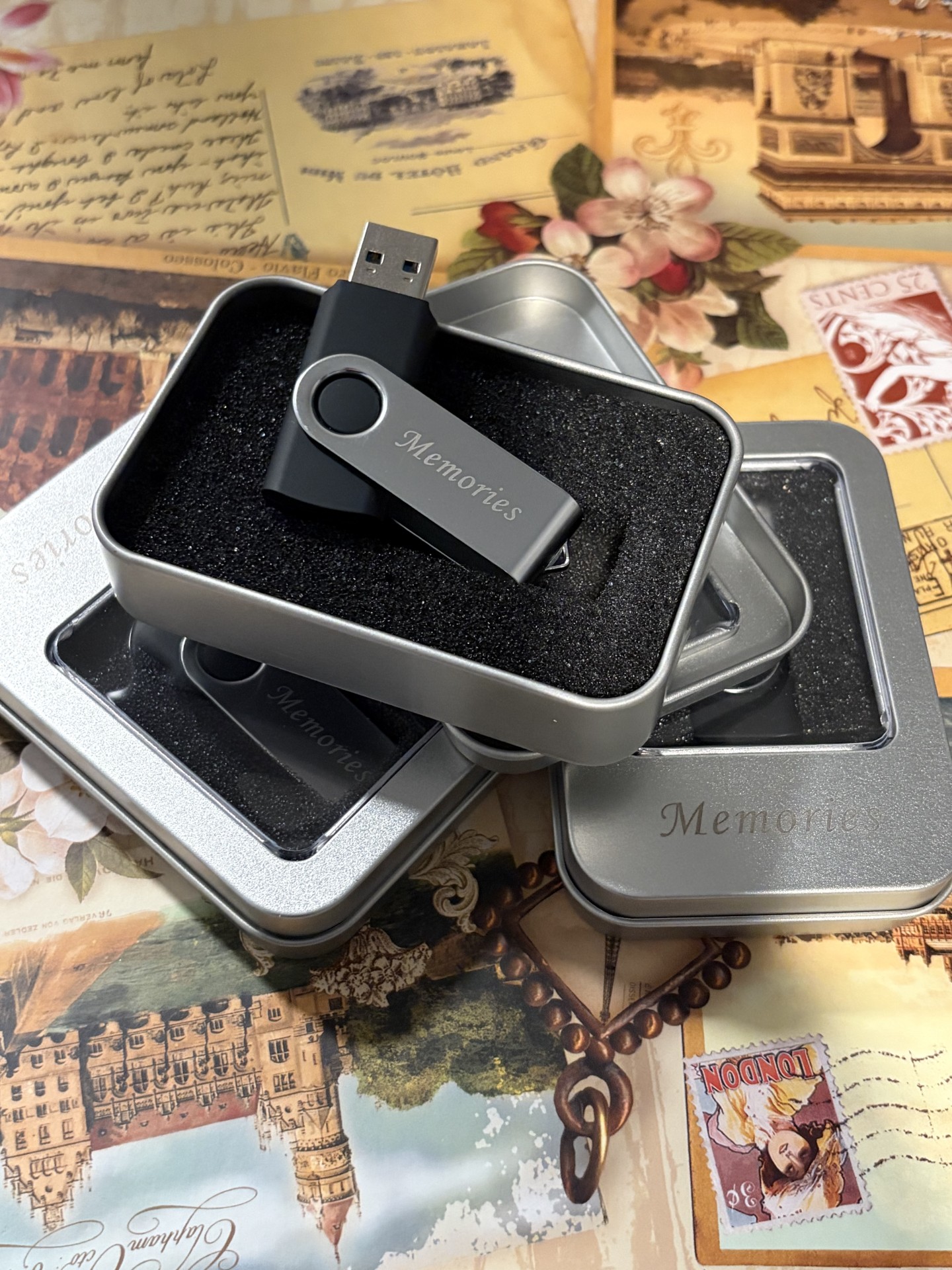 Engraved Memories flash drive in keepsake tin